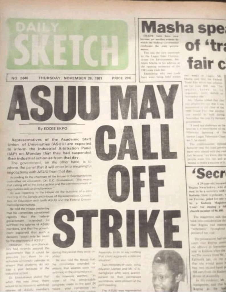 farooqkperogi's tweet photo. This is from Nov. 26, 1981. That's almost 41 years ago when Shagari was president! Change the date in the story, and it could very well be about the current ASUU strike. The more things change in Nigeria the more they remain the same. https://t.co/6dWVOzA8GZ