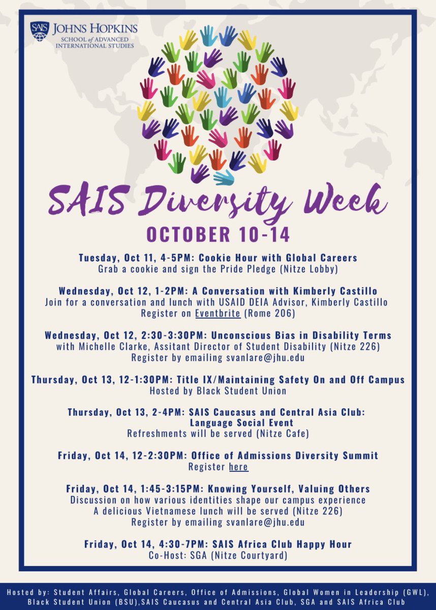 At @SAISHopkins we celebrate #diversity every day but next week we have a week-long celebration of activities. #SAISDiversityWeek. Join us!!