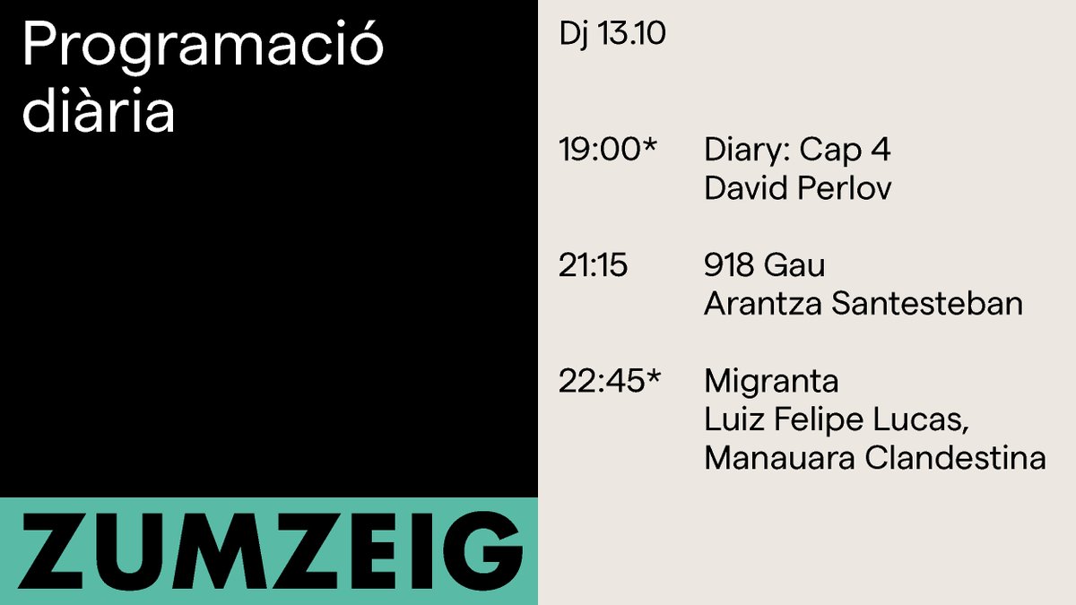 ZumzeigCinema's tweet photo. Dijous al #Zumzeig ❤️🔥
#Diary Cap 4 (1982-1983) #DavidPerlov intenta trobar una imatge justa que representi l'horror 🖼️
#918Gau Una memòria fragmentada 🔎
#Migranta Continuem amb la nostra reflexió al voltant del 12 d'octubre ✊
🎟️ https://t.co/sAMmjCEVEO https://t.co/8sNDrgbLM2