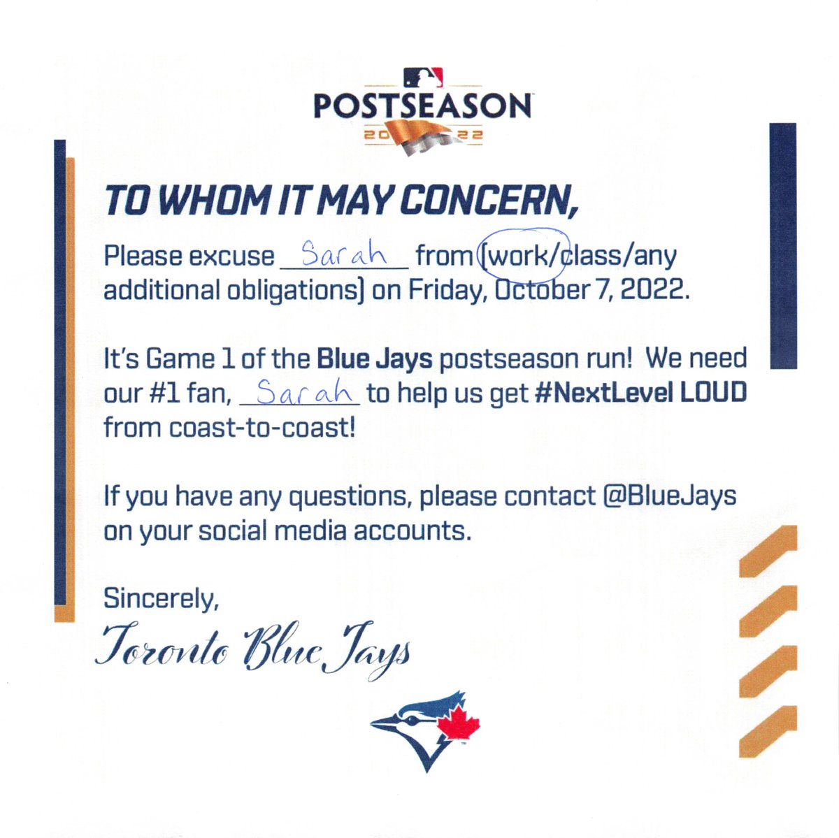 Time to get excused from work! - Thank you 
<a href="/BlueJays/">Toronto Blue Jays</a> - #NextLevel LOUD!!!!!
