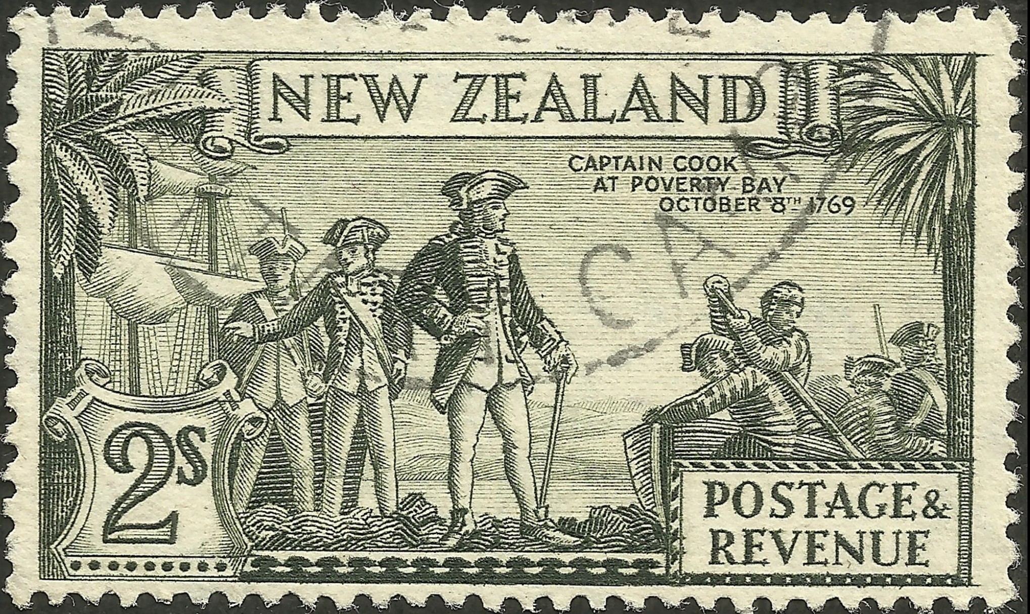 Image of "Nwe Zealand"  stamp. Colonizer pictured invatding Indigenous land.