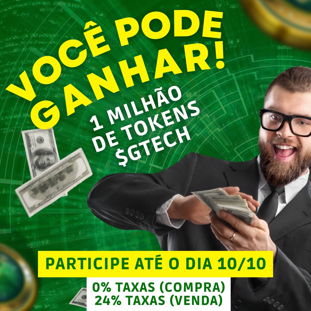 Gtechcoin's tweet photo. VOCÊ PODE GANHAR 1 MILHÃO DE TOKENS $GTECH! A maior compra até 10/10 levará o prêmio!🤩
👉 Invista adquirindo seus tokens na poocoin ou pancakeswap.
🔥🔥 0% de taxas na compra/ 24% taxas (venda)
https://t.co/63a1ozQLbq
#GTECH #pancakeswap #poocoin #participe https://t.co/oMoTXLmcdG
