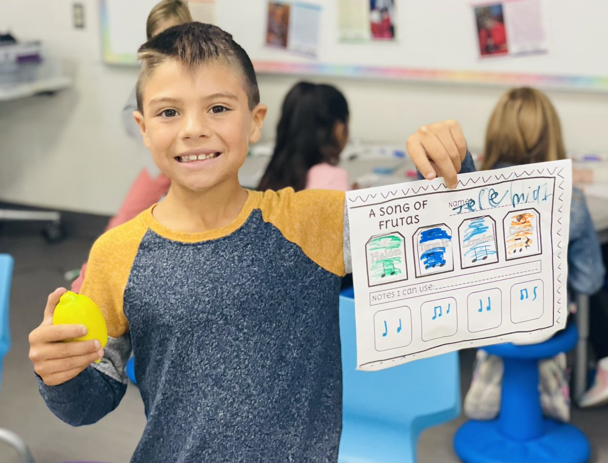 MusicLOK5's tweet photo. Second grade listened to the story “A Song of Frutas” and made their own fruit song creations using the frutas in the story. They then got to shake their newly created rhythm with the Frutas egg shakers! https://t.co/0ZNER8PlcC
