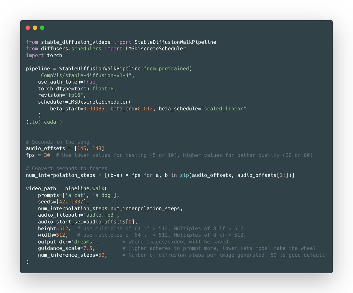 _nateraw's tweet image. You can now make stable diffusion music videos that interpolate to the beat of a song using stable_diffusion_videos==0.5.0! 🚀
I basically rewrote the codebase! Everything is in the pipeline class now, so you can load other models too.
Anyway, here's how to use it...