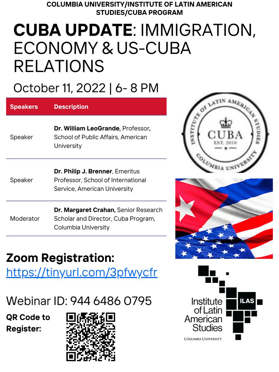 We are excited to begin the Fall webinar series on October 11, 2022 at 6-8 PM EST!

Our first webinar will cover the current immigration crisis, the Cuban economy, demographics, and the evolution of US policy.

Details included in the flyer below!
<a href="/ILASColumbia/">ILAS | Columbia University</a> <a href="/ColumbiaSIPA/">Columbia | SIPA</a>