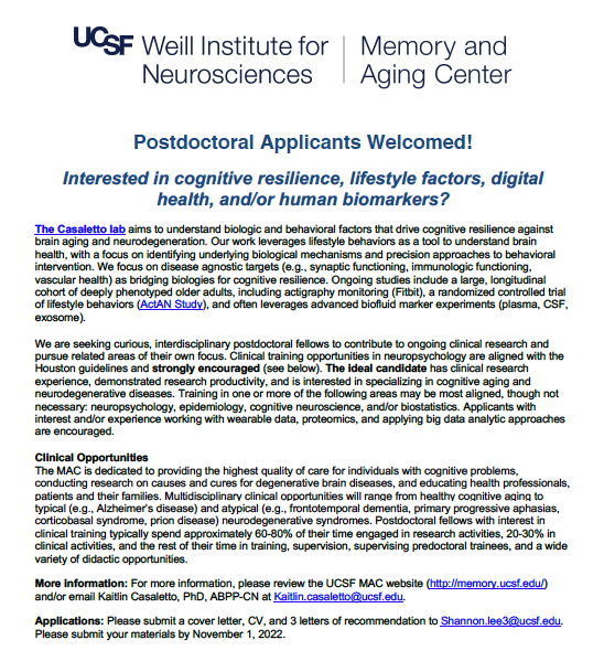 LeslieSGaynor's tweet photo. Are you interested in cognitive resilience, lifestyle factors, digital health, and/or human biomarkers? Apply for a postdoctoral fellowship position in the Casaletto Lab at @UCSFmac! Clinical training opportunities in neuropsychology are available (and amazing). https://t.co/F8Dibbv9U8