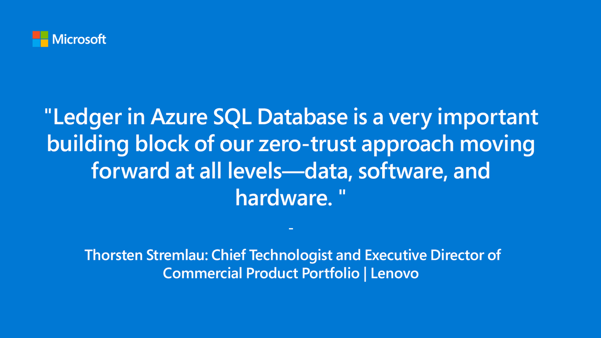 AzureSQL's tweet image. Lenovo reinforces customer trust with ledger in #AzureSQL Database - read more: bit.ly/3OYVpMq