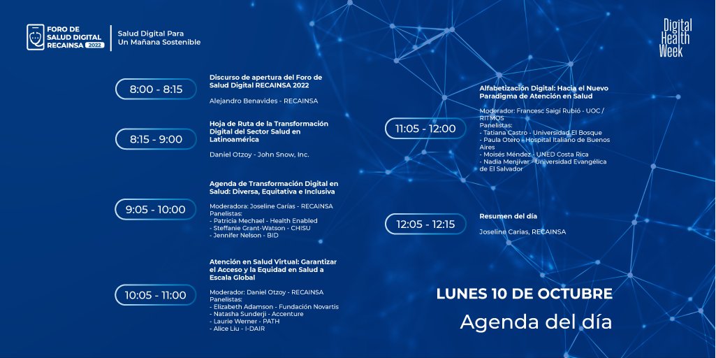 RECAINSAnetwork's tweet photo. Te compartimos nuestra agenda del día 1 que da inicio al Foro de Salud Digital 2022 este 10 de octubre a las 8:00am GTM -6 

💥Registro abierto https://t.co/29MXVZfbkT 💥

#ForoDeSaludDigital #ForoRECAINSA #SaludDigital #SaludDigitalParaUnMañanaSostenible #TransformacionDigital https://t.co/ahdHx9zx6u