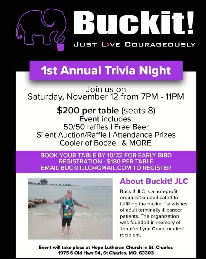 BuckItJLC's tweet photo. Hope to see you November 12th, 2022!!
#buckitjlc #nonprofit #donations #like #follow #trivianight #fundraiser #BuckitList #SLT #CancerAwareness #BreastCancerAwarenessMonth https://t.co/Va3yeISpFg