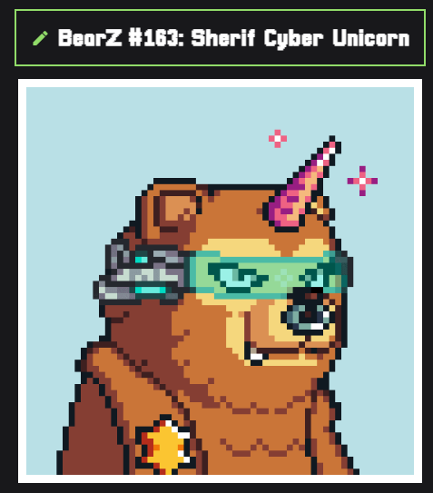 Ok so <a href="/LazyBearZNFT/">LazyBearZ</a> name customization is back ... I had to celebrate !! Welcome Solid Bear and Sherif Cyber Unicorn <3