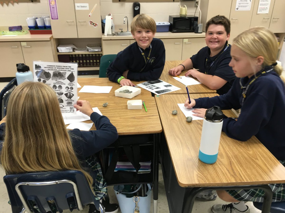 Working Hard to Identify Fossils! Sixth graders love group work! #geoscience #6Gold
