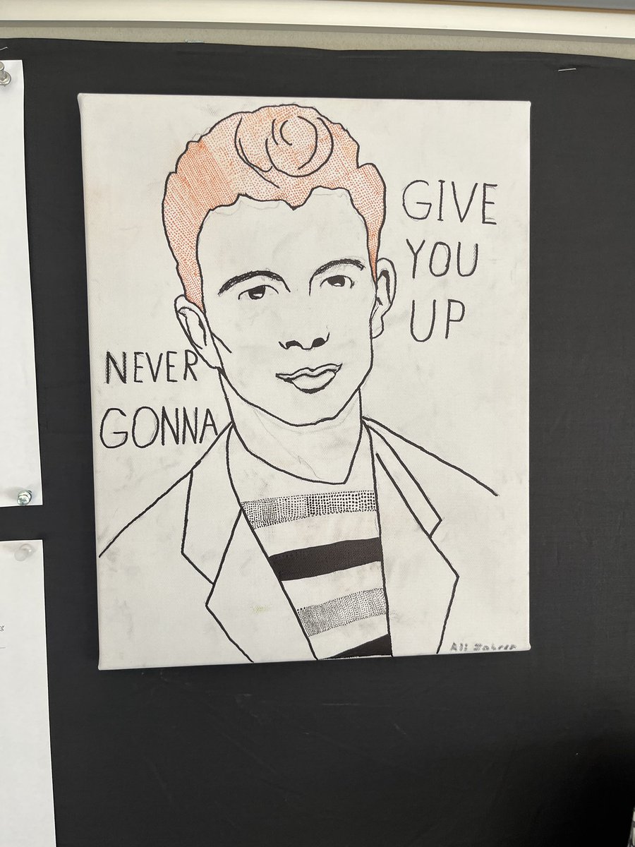 UnfinishedEd's tweet photo. A student came to my room this morning &amp; very calmly said to me, “Mr. Anderson…can I show you an artwork I’ve been working on at home?” 
“Of course!” I responded.

He slowly unwrapped a canvas handed it to me &amp; smiled.
#artteacherlife #rickrolled #rickastley 
@GilmanSchool https://t.co/4I4Vc3JugL