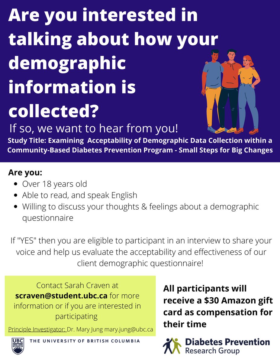 Are you over the age of 18 and can read, write and speak English? Diverse group of participants needed to help understand how to best collect demographic information! Contact scraven@student.ubc.ca for more information.