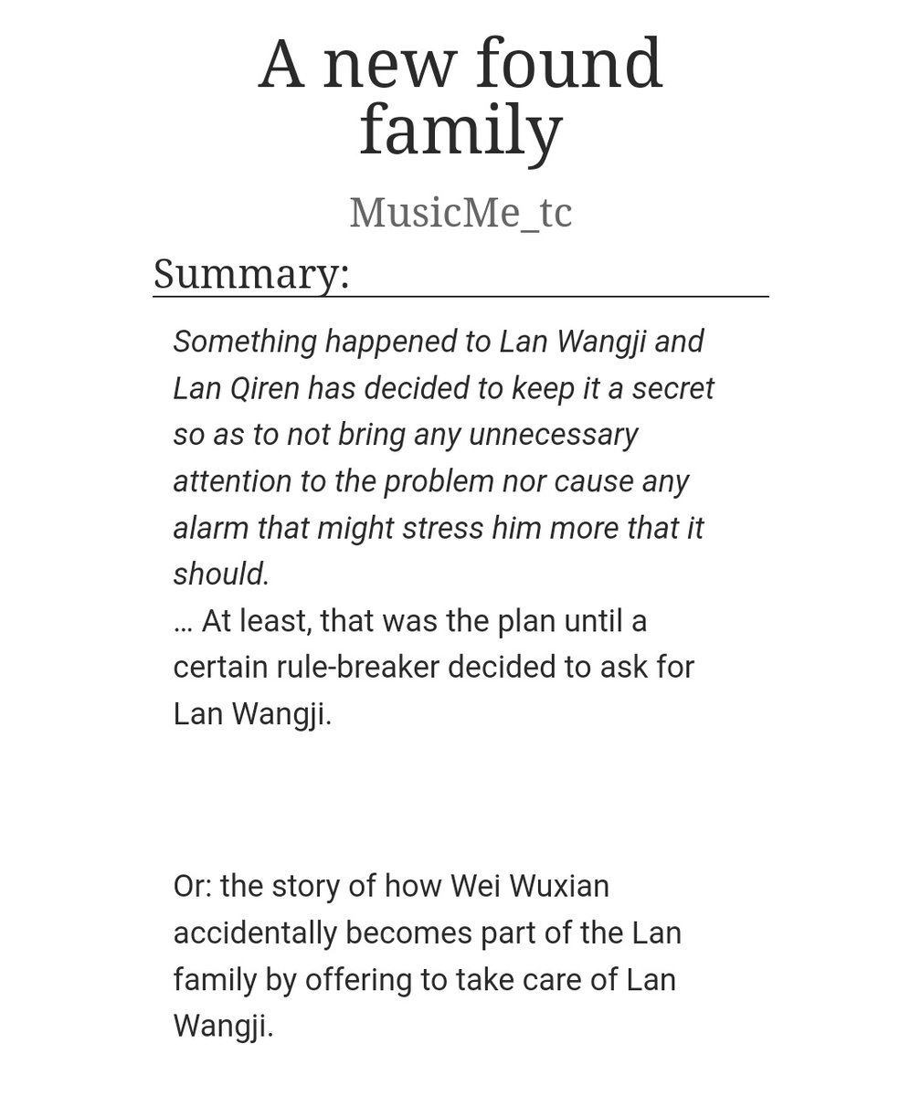 A new found family

🤍 WangXian, 12k
🤍 Rated General
🤍 Cloud Recesses era (Canon divergence)
🤍 LQR can't deny WWX is the best boy (after his nephews, of course)
🤍 WWX being the best future dad (and husband)
🤍 Threadfic cleaned up and expanded

Link below!