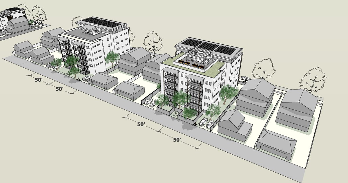 Lanefab's tweet photo. Well... just because yesterday I was curious: 

what might a ~6 storey passive house w no underground parking, a mix of units sizes, and only 50% site coverage look like if it replaced two mid-block 50' single fam lots on the west side. https://t.co/KzWKdUlbOZ