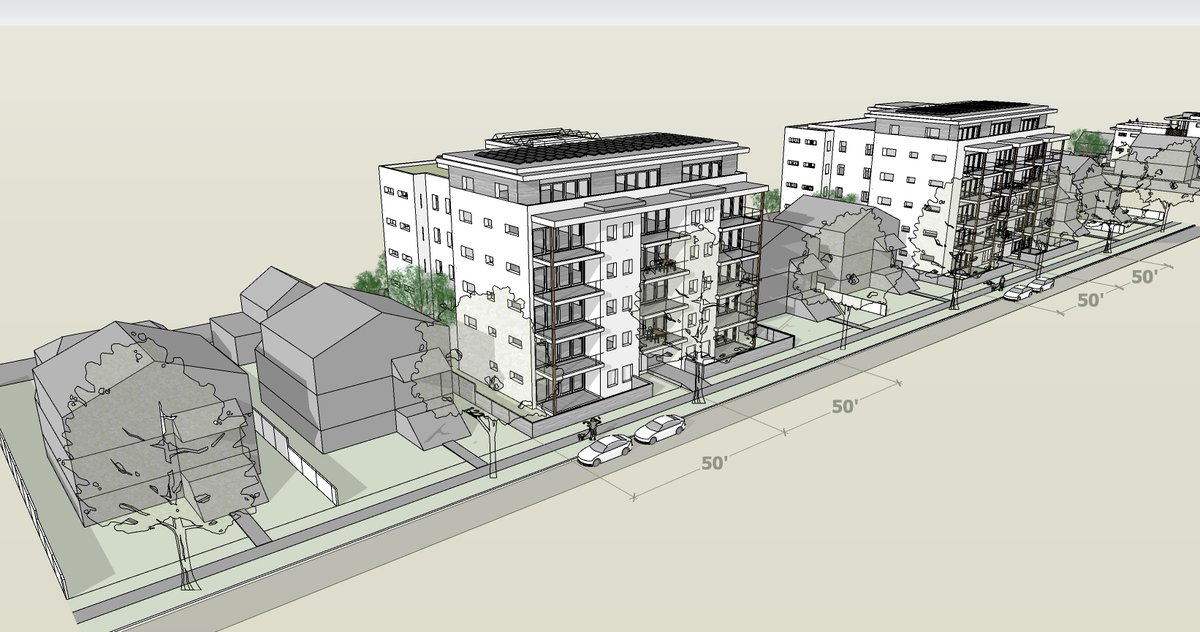 Lanefab's tweet photo. Well... just because yesterday I was curious: 

what might a ~6 storey passive house w no underground parking, a mix of units sizes, and only 50% site coverage look like if it replaced two mid-block 50' single fam lots on the west side. https://t.co/KzWKdUlbOZ