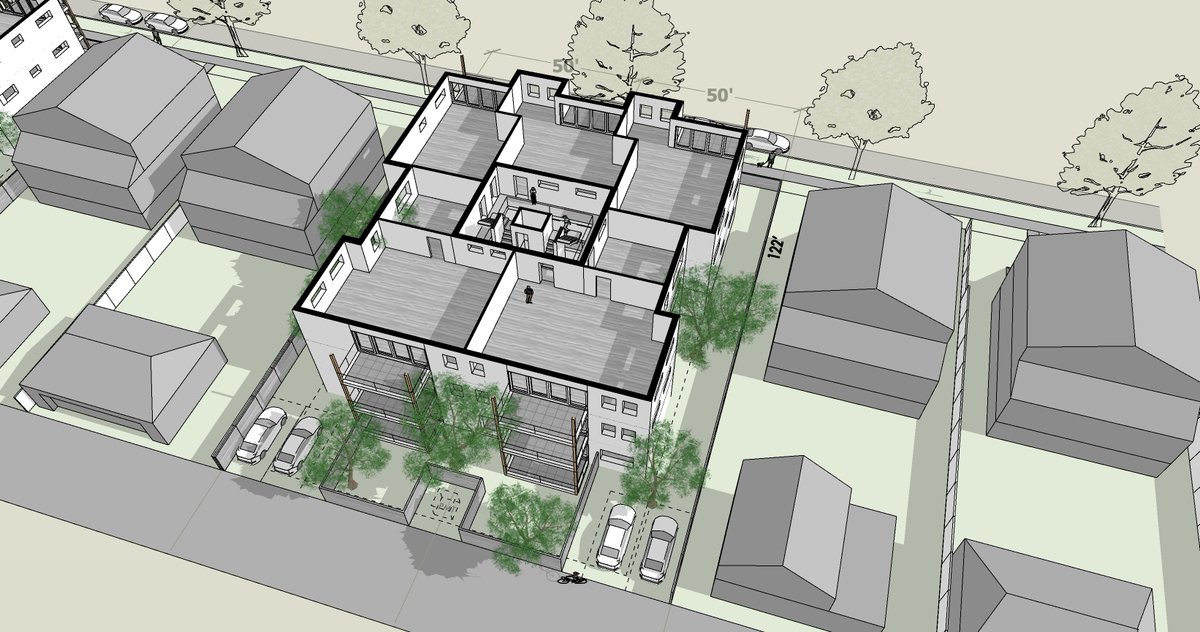 Lanefab's tweet photo. Well... just because yesterday I was curious: 

what might a ~6 storey passive house w no underground parking, a mix of units sizes, and only 50% site coverage look like if it replaced two mid-block 50' single fam lots on the west side. https://t.co/KzWKdUlbOZ