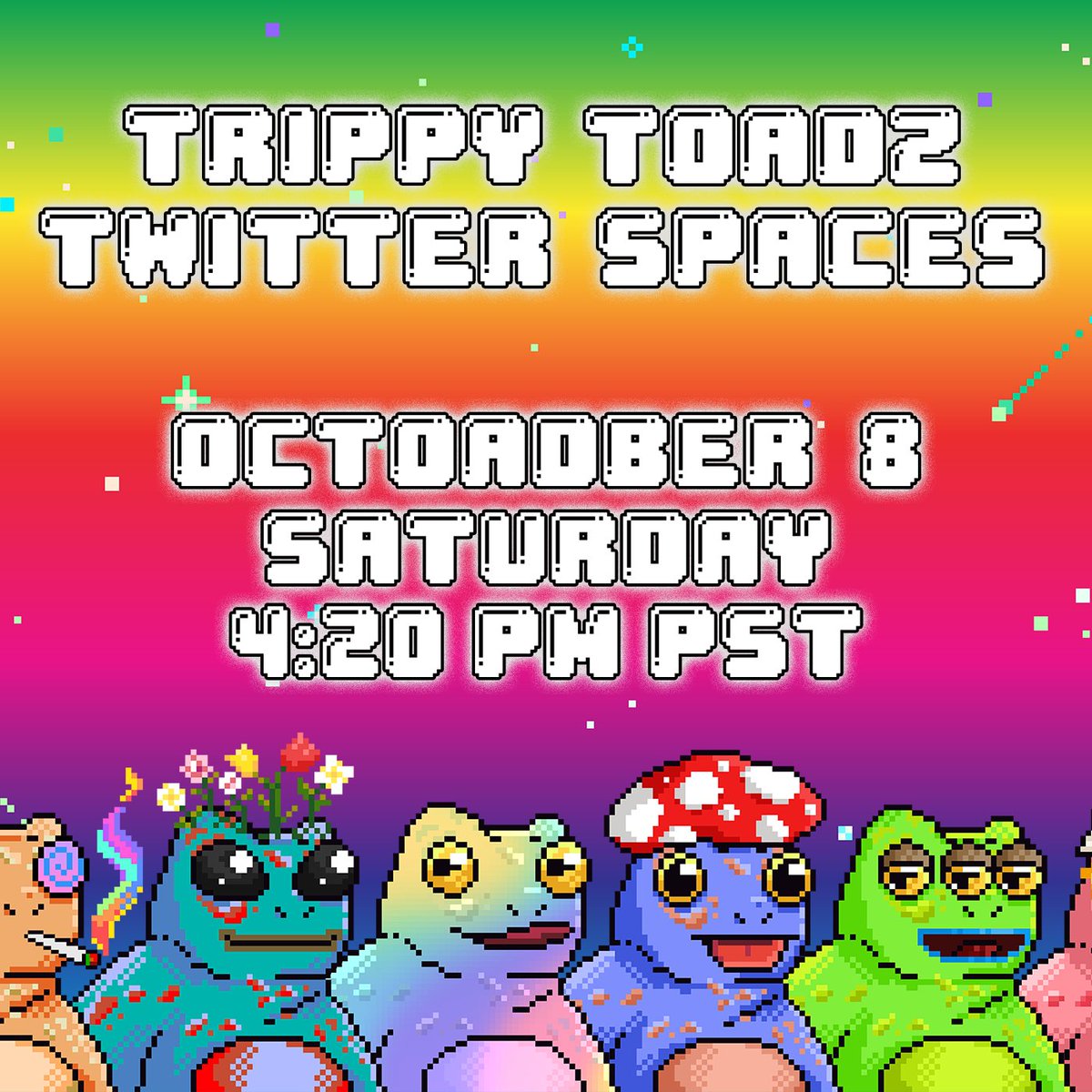 trippytoadzshow's tweet photo. We’ll be hosting a Twitter Spaces tomorrow at 4:20 PM PST 🍄🍄🍄

Come hang, trip, and learn about a new update that we’re excited to announce around the collection!

https://t.co/Byl3nmhEQ7

Also, Trippy Toad giveaway for one person who...

1️⃣ RTs this tweet
2️⃣ Tags a friend https://t.co/26iKLq642k