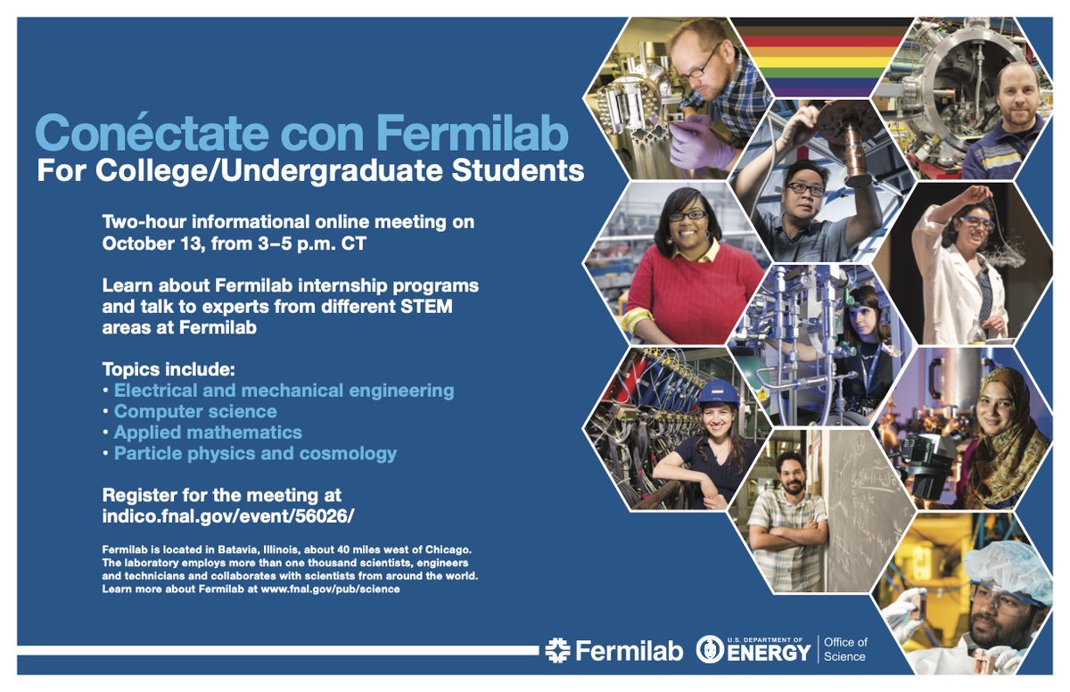 Fermilab's tweet photo. Are you interested in a #STEM career? On Oct. 13, from 3-5 pm @Fermilab will be hosting an online meeting about internship programs at the lab. Register at: https://t.co/uMaedBPR0v https://t.co/S8wsEqwJ6s