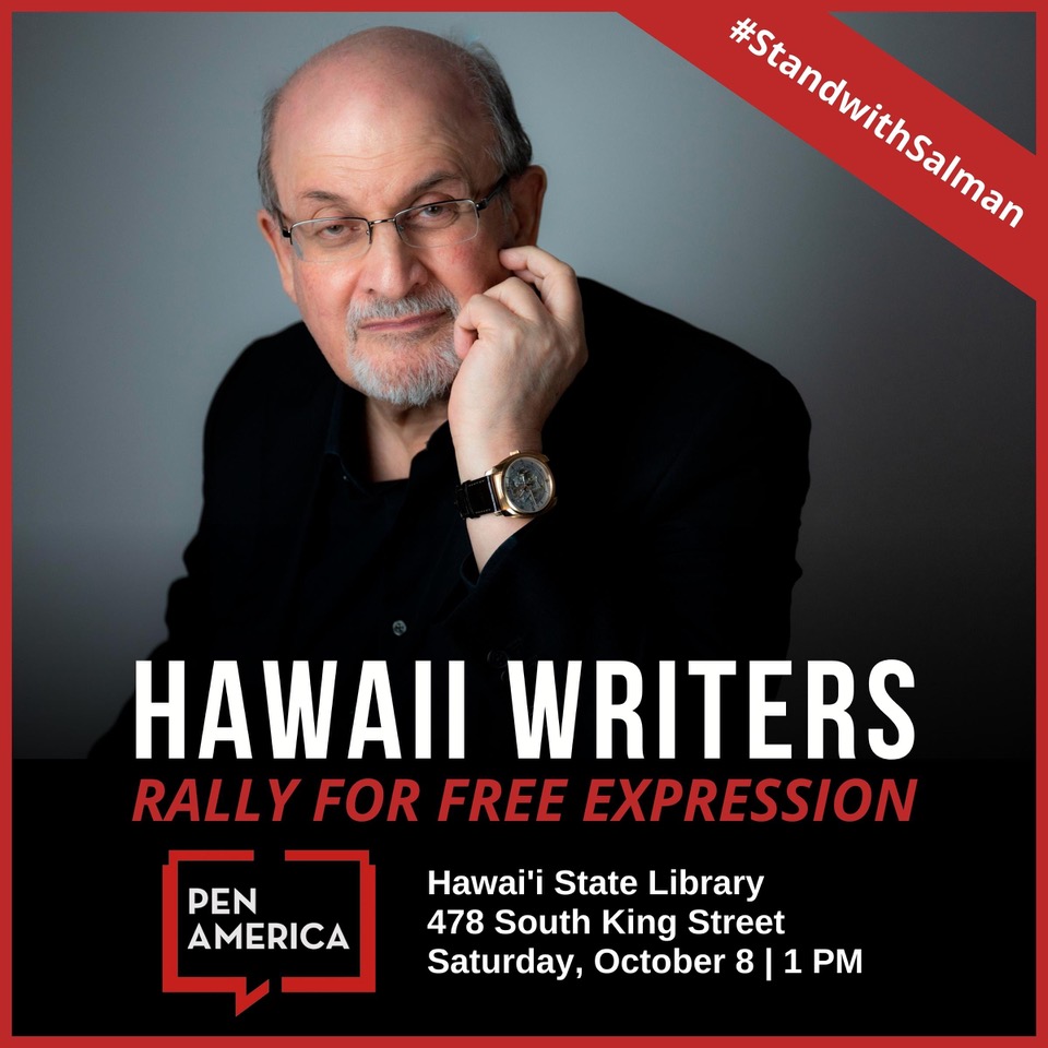 PENamerica's tweet photo. #StandWithSalman in Hawai'i!

Saturday October 8 at 1PM: A free outdoor event of readings from Salman Rushdie’s acclaimed works on the steps of the Hawaii State Library.

Register: https://t.co/KVWRaAy38s https://t.co/jDQizkdQgf