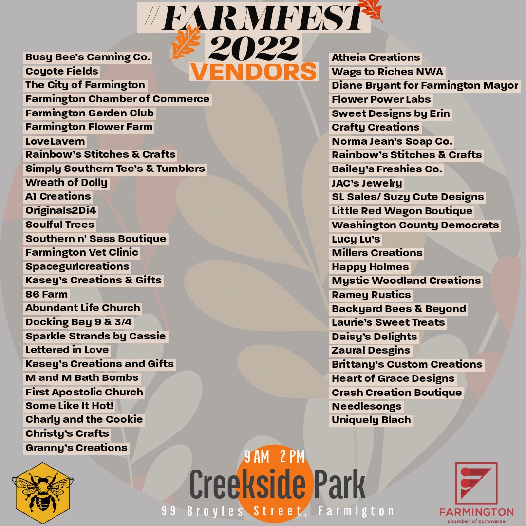 BusyBeesNWA's tweet photo. Here is the updated list of confirmed vendors as of today! The Farmington Fall Festival is on Saturday October 22nd from 9AM-2PM! https://t.co/Bgy4ds3WZk