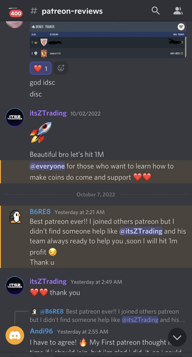 Lots of profits been made and here are some of the PATREON FEEDBACK/ REVIEWS that I have received for my EXCLUSIVE Trading Discord 💰🏦✅

If you want to make lots of coins click the link below⬇️

To join ⤵️
patreon.com/itsZTradingz