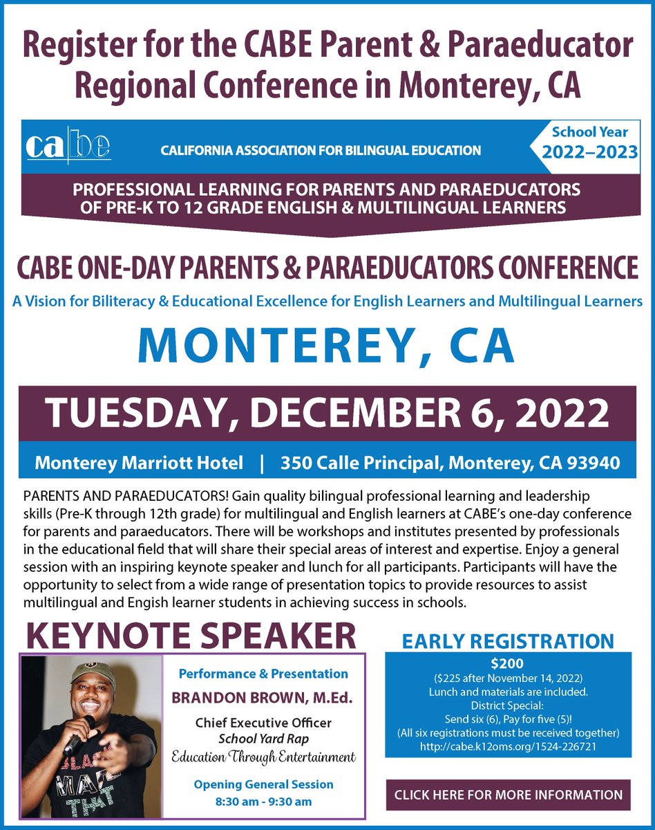Register for the CABE Parent &amp; Paraeducator Regional Conference in Monterey, CA! More information: buff.ly/3ee6JXc 
#cabe #caberegional #parents #paraeducators #parentresources #parentconference #paraeducatorresources #paraeducatorconference #education