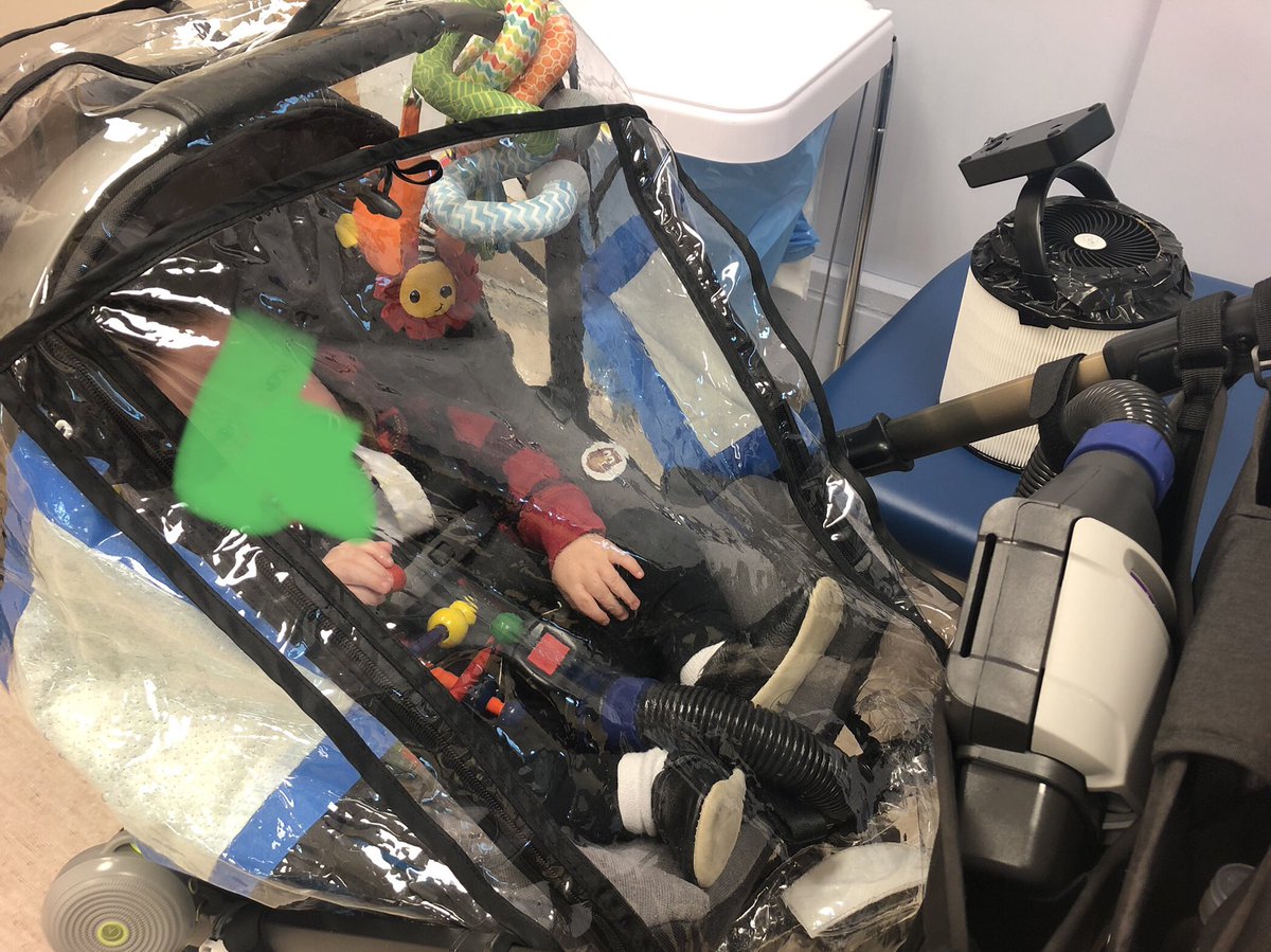 jvmlost's tweet photo. Hospital-ing as safely as we can. Note: #PAPRbuggy w/@3M versaflo, rain cover and Filti material for vents. Also: battery-powered #CRbox. Not pictured: plug-in #HEPA from UVCan, medical grade wipes, and me arguing w/doctors & OT about wearing N95s or better (50% success rate) https://t.co/vEGDRPUMGH