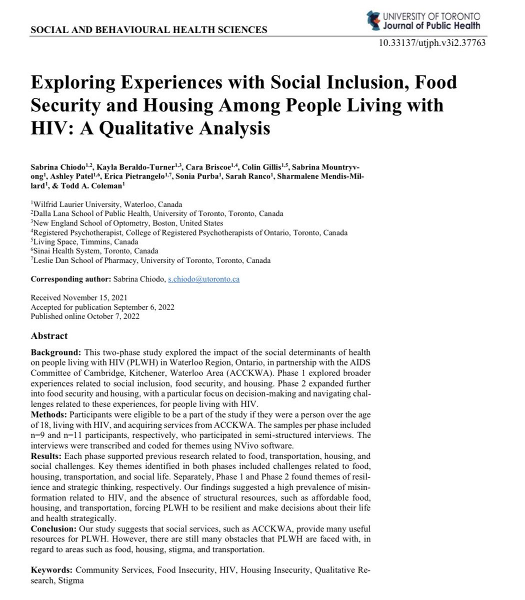 🚨 New article 🚨 by <a href="/SabrinaChiodo/">Sabrina Chiodo</a> <a href="/spurba_/">sonia</a> <a href="/tacolema/">Todd Coleman, PhD</a> and colleagues of <a href="/Laurier/">Wilfrid Laurier University</a>, in collaboration with <a href="/AIDSCKW/">ACCKWA</a>, explores the impact of the social determinants of health on people living with HIV in the KW area