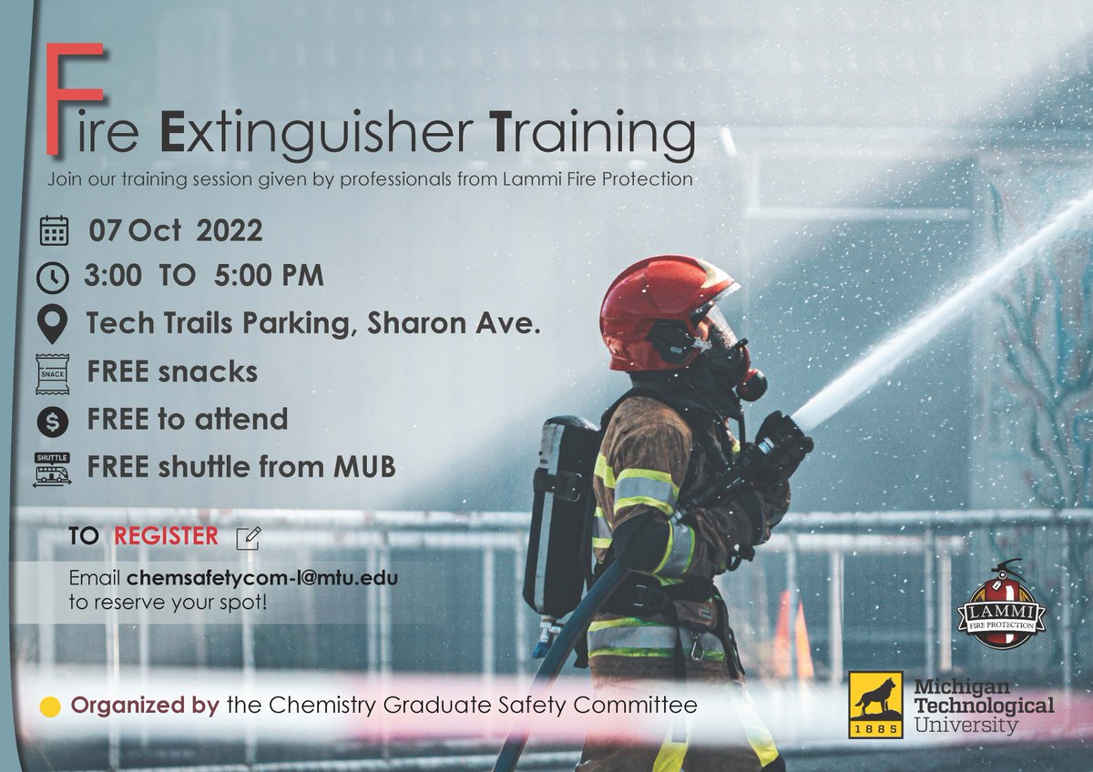 Our Chemistry Graduate Safety Committee is having a fire extinguisher training today provided by Lammi Fire Protection. Come PASS along the fun! #SafetyFirst #MichiganTech Who knows what the acronym PASS means?!