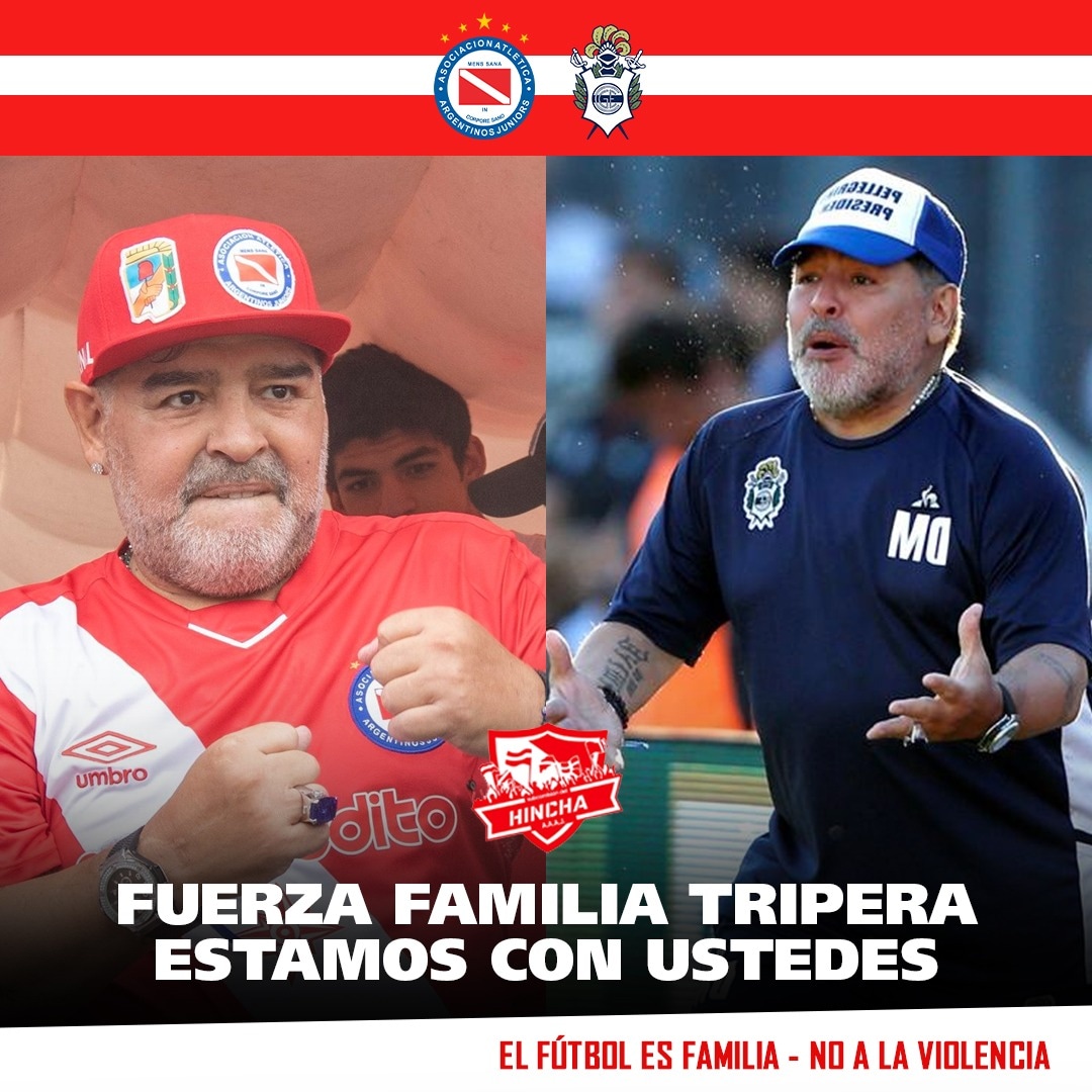 Acompañamos a la familia tripera en este difícil momento y repudiamos el violento accionar policial 🚫🚔

 El fútbol es familia, NO A LA VIOLENCIA.

#AAAJ #AAAJSOMOSTODOS #GELP #GimnasiaLP #MARADONA