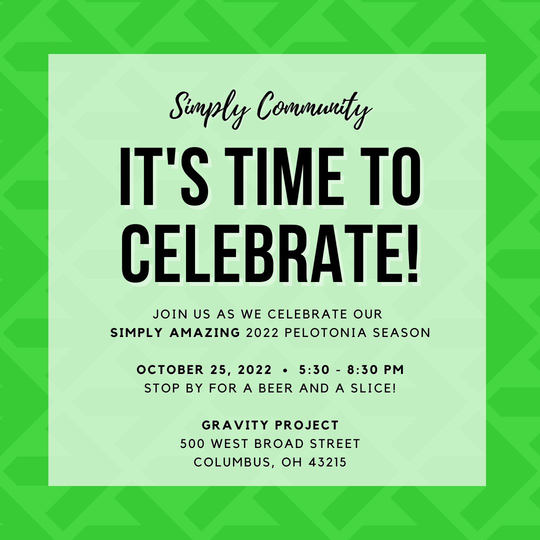 SCpeloton's tweet photo. SAVE THE DATE!! It's time to celebrate our simply amazing Pelotonia season.

When: Tuesday, October 25 at 5:30 PM
Where: Gravity Project

#SimplyCommunity #OneGoal https://t.co/MxnOFjlBY3