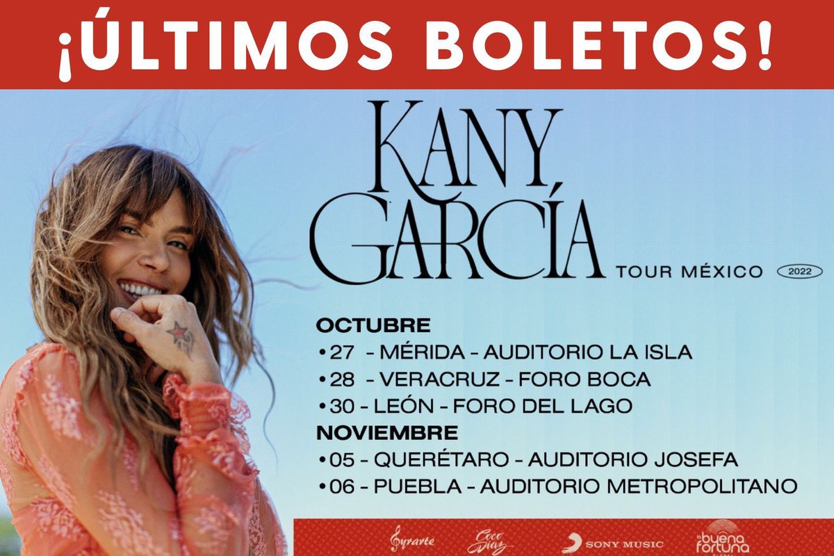 ¡Últimos boletos de la gira de <a href="/kanygarcia/">Kany Garcia</a> en México!

No se pierdan la gira de esta talentosa cantautora puertorriqueña que estará en nuestro país en próximos días.

Link de venta general: biolink.info/GIRAKANYGARCIA

#GyrarteInvita #GyrarteArteEnMovimiento <a href="/Gyrarte/">Gyrarte</a>