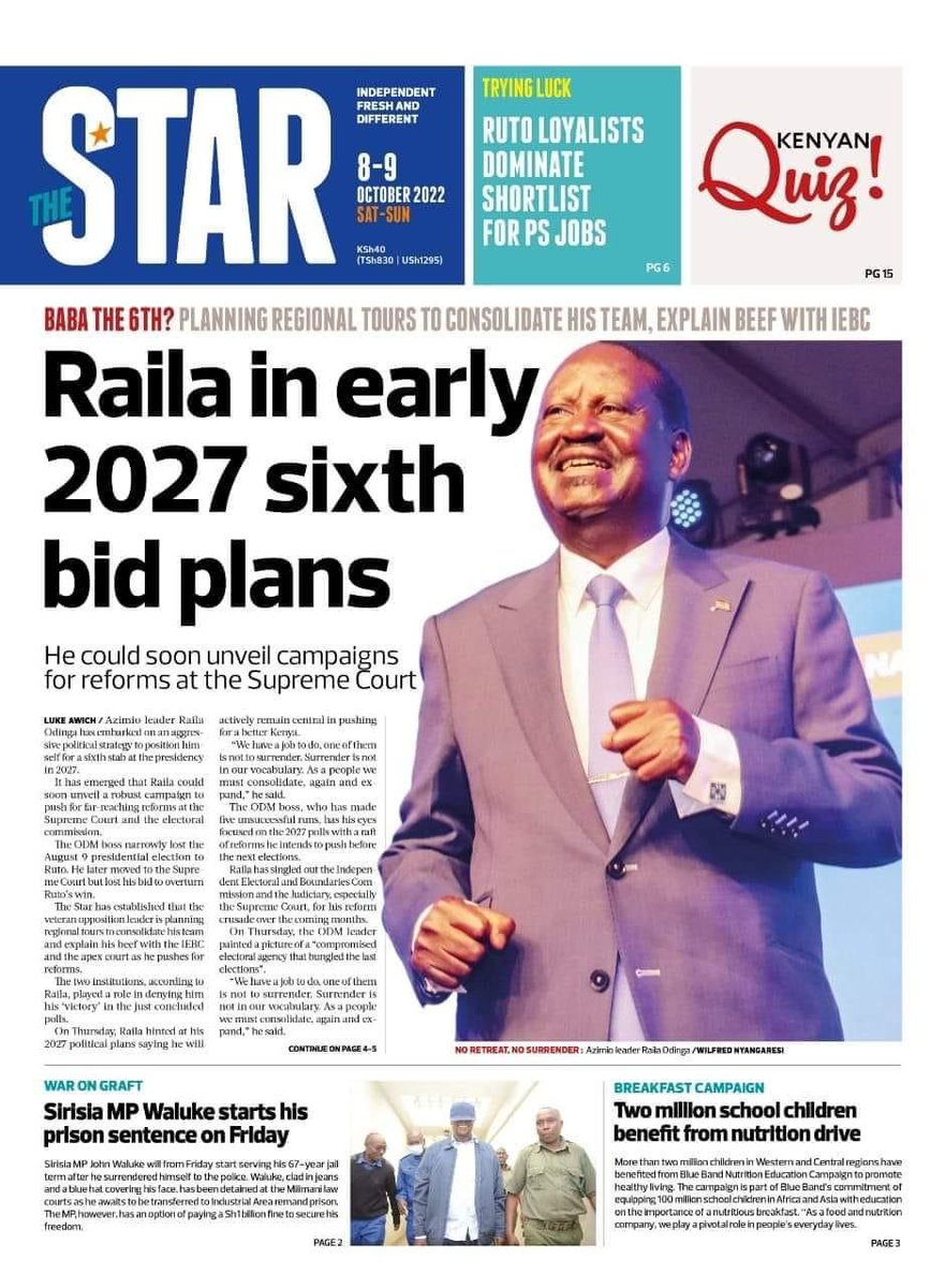 Hehe, let's just say that Raila is a good definition of persistence. Presidency is one goal he must achieve before dying. Prepare for more of baba. Waititu,John Waluke,amos kimunya,High Court,Kenya Kwanza,Azimio,Sharon, Raila, Utamaduni Day,Ichaweri, President Uhuru Kenyatta,