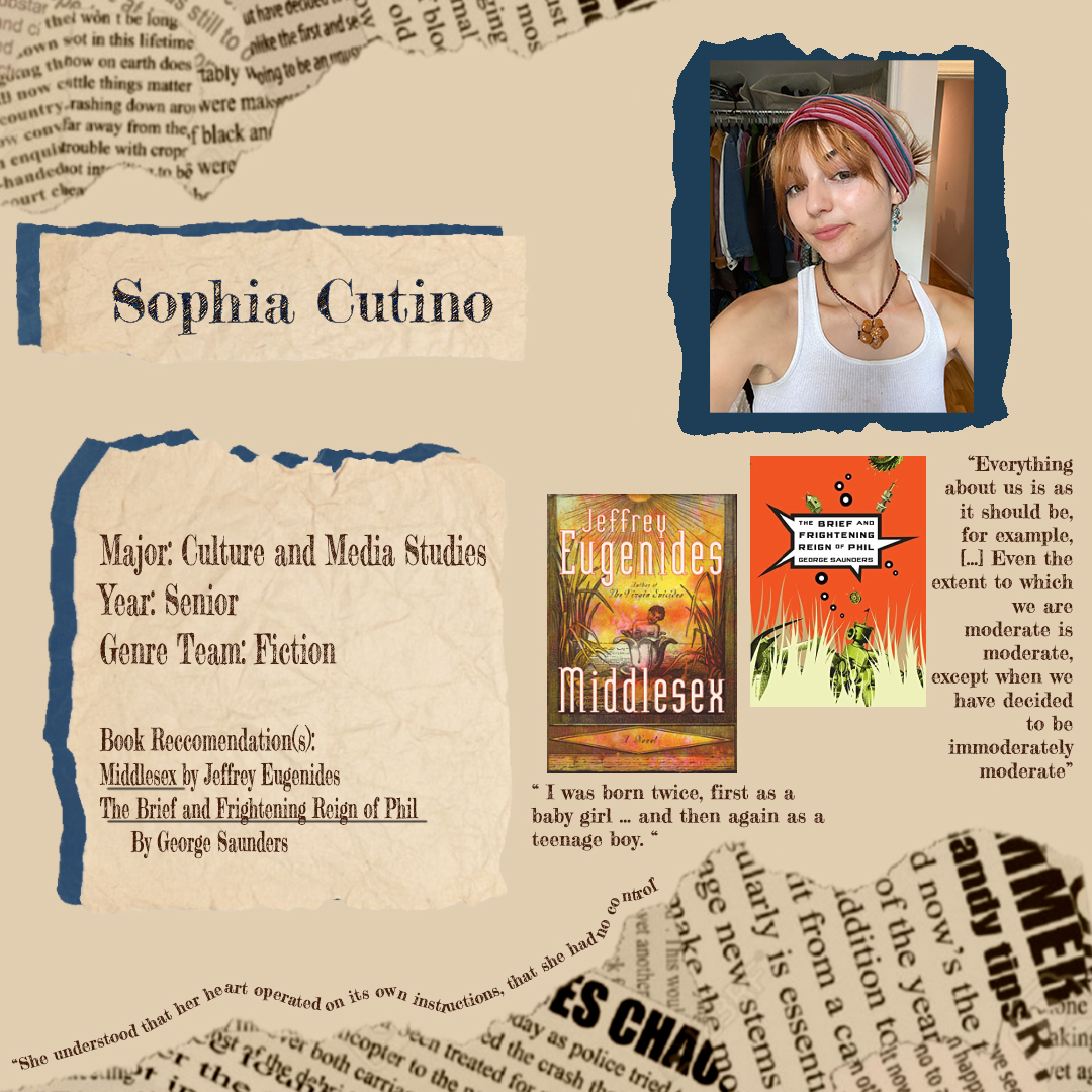 Featured staff member of the day! Today's staff member is Sophia Cutino and her contribution to the 11 1/2 reading list is Middlesex by Jeffery Eugenides.
