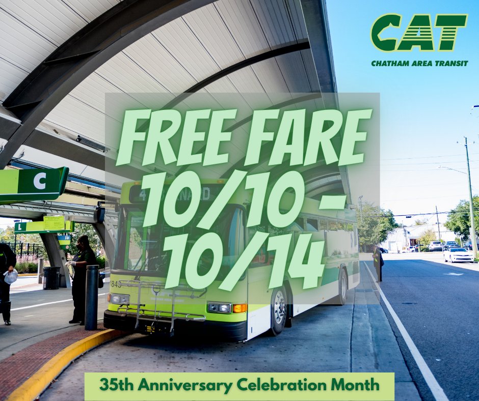ChathamTransit's tweet photo. In honor of CAT's 35th Anniversary Celebration this month, Fixed-Route & Paratransit Operations will be free for riders next week! Fare-Free runs from October 10th - 14th.
For more information, go to https://t.co/gQbkyebtTv
#CAT35 #CATCommunity #CATCares #Anniversary https://t.co/gOx6LOiSgU