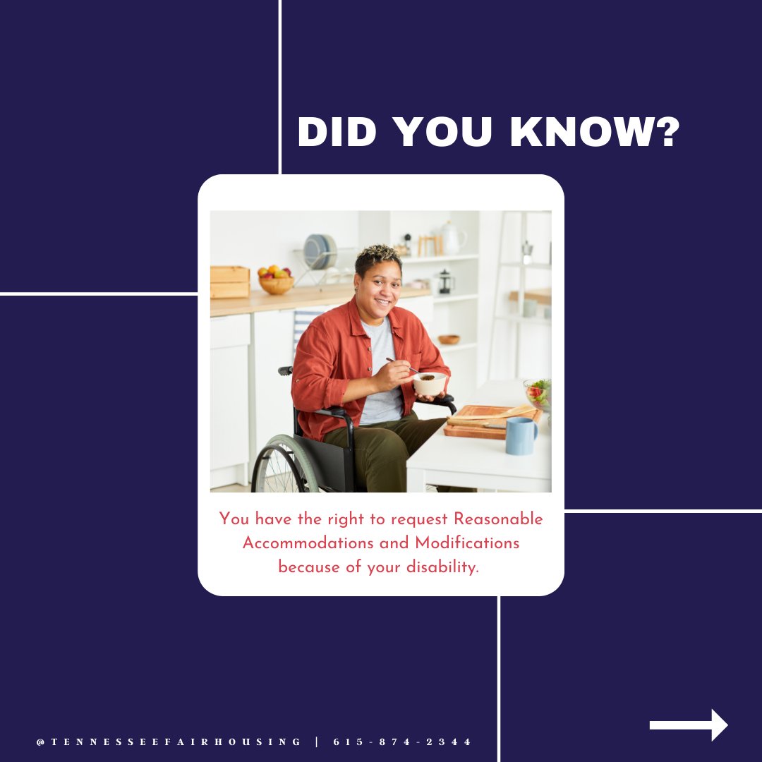 TNFairHousing's tweet photo. You have the right to request Reasonable Accommodations and Modifications because of your disability. 
#reasonableaccommodations #reasonablemodifications #fairhousing #fairhousingmatters https://t.co/zkDIByKDBM