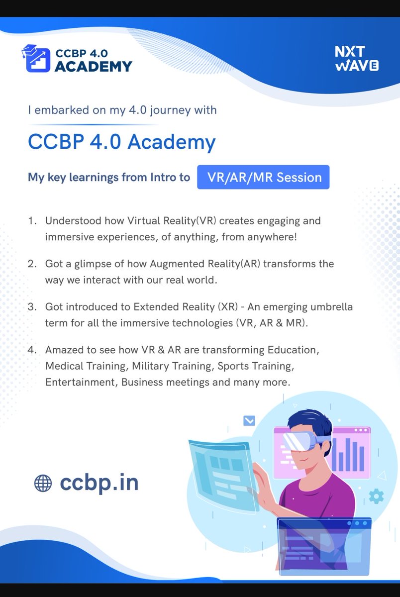 ANAND938144's tweet photo. #day38
Today's session about VR &amp; AR was very fascinating
here are my key learnings from the session
@nxtwave_tech  @rahulattuluri @sashankreddy07 
#ccbp #ccbpacaddemy #ccbpian #staticwebsite https://t.co/vbs6yGBEKi