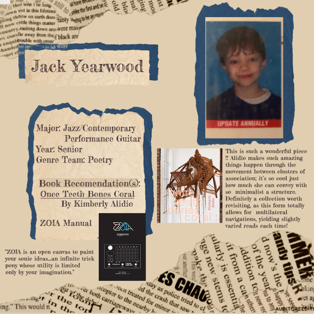 Today's featured 11 1/2 staff member is Jack Yearwood and his contribution to our reading list is Once Teeth Bones Coral by Kimberly Aldio and the ZOIA manual.