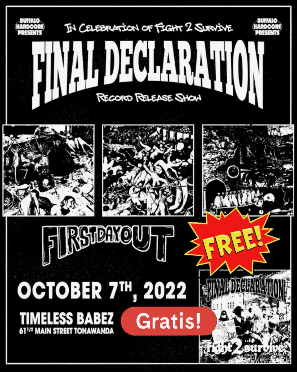 The homies in World On Fire couldn’t make it, therefore this is now a free gig. Show up with a friend and go off, buy merch from First Day Out