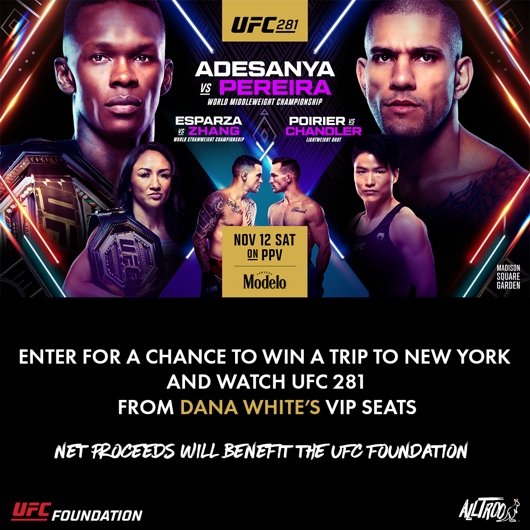 UFC is partnering with AllTroo to give you a chance to win a trip to New York to watch UFC 281 from Dana White’s VIP seats! 

All net proceeds will benefit the UFC Foundation. Visit ALLTROO.COM/UFC to enter today!