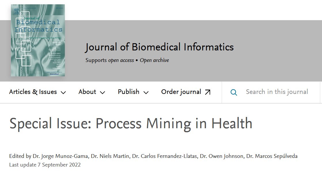 PODS4H's tweet photo. The special issue on Process Mining in Health @JBI_Journal is available online at https://t.co/KdZK3Ex2SA. A collection of 12 highly interesting articles that advance the research field. Many thanks to all contributing authors and reviewers. #processmining #healthcare https://t.co/FkQkoidpG9