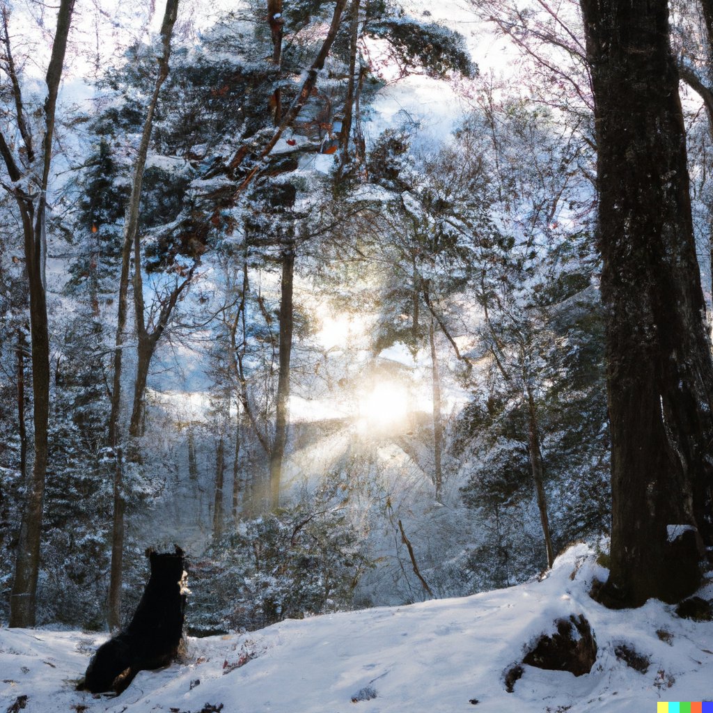 AIDreamer1's tweet photo. a snowy day, in the morning, on a mountain, with the sun peeking through trees, a dog sits waiting patiently #dalle2 #generativeai #aiart #aidreams https://t.co/zy6MJkkqeI