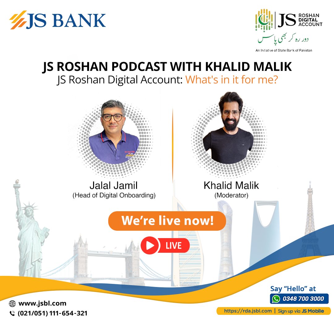 JSBLPak's tweet photo. JS Talks is now live!
Listen to the full podcast as renowned radio show host Khalid Malik speaks with our Head of Digital Onboarding to answer all your queries about account opening and benefits of JS Roshan Digital Account.
Link: https://t.co/XfLYAubUKE
#JSTalks #JSRoshanPodcast https://t.co/L0HrHhq9gW