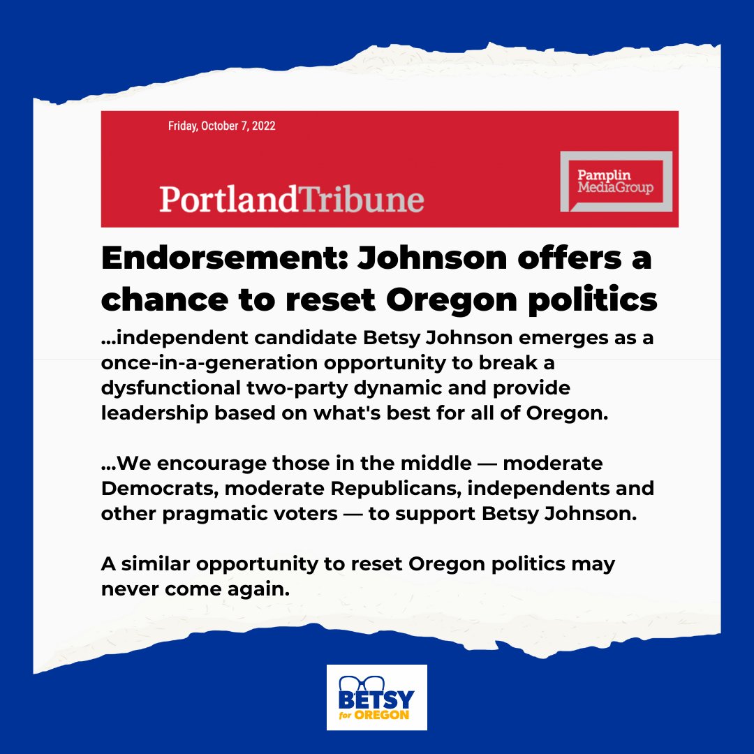 senbetsyjohnson's tweet photo. 🚨BREAKING NEWS🚨
Betsy received the first large newspaper endorsement of the general election! The Portland Tribune/Pamplin Media know that an opportunity to elect an independent governor and reset Oregon politics may never come again. Betsy is the only choice for Oregon. (1/2) https://t.co/pnda6DQKxY