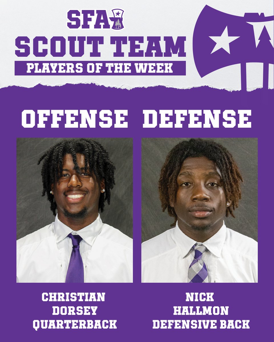 Congratulations to Christian Dorsey and Nick Hallmon for earning SFA Scout Team Players of the Week 🏈

#AxeEm x #RaiseTheAxe