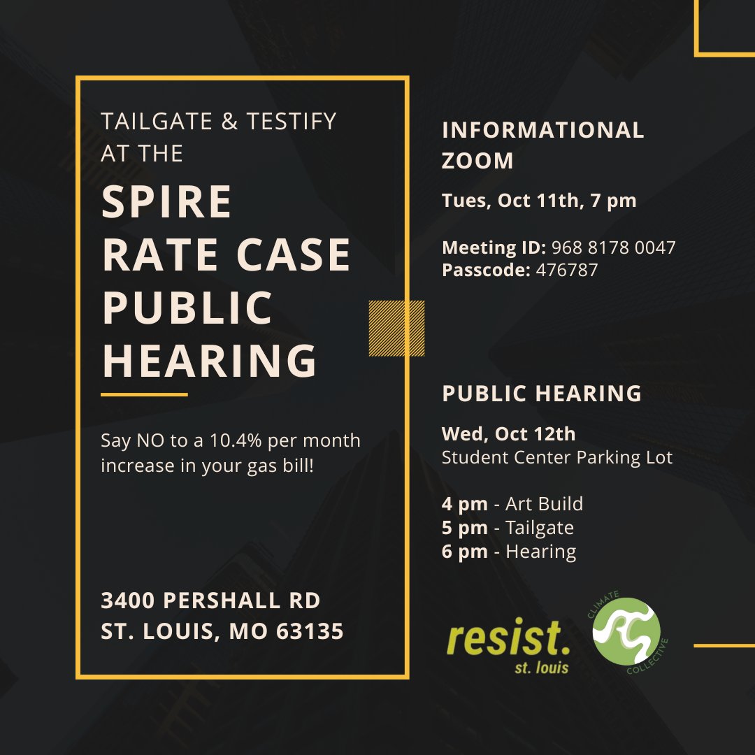 Spire is trying to raise rates AGAIN. Join us next week at the public hearing in St. Louis. If you're interested in testifying or learning more, join our prep zoom session on Tuesday. 

Zoom link:

wustl.zoom.us/j/96881780047?…

Passcode: 476787