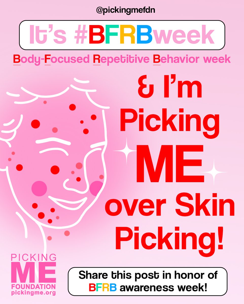 PickingMeFdn's tweet photo. It's #BFRBweek, and we're #PickingMe over #SkinPicking and #BFRBs! Share this post in honor of Body-Focused Repetitive Behavior week and educate your community on the importance of #BFRB awareness. Picking Me Foundation is the only nonprofit focused on Dermatillomania awareness! https://t.co/EYBbVV7kq3
