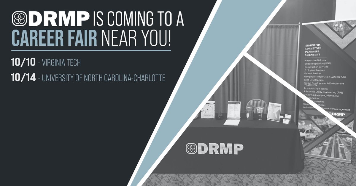 DRMPInc's tweet photo. DRMP will be looking for up-and-coming engineers at two University Career Fairs next week! Stop by and to learn about our open positions. #BuildWithDRMP #DRMPDifference https://t.co/tnAKJedOa1
