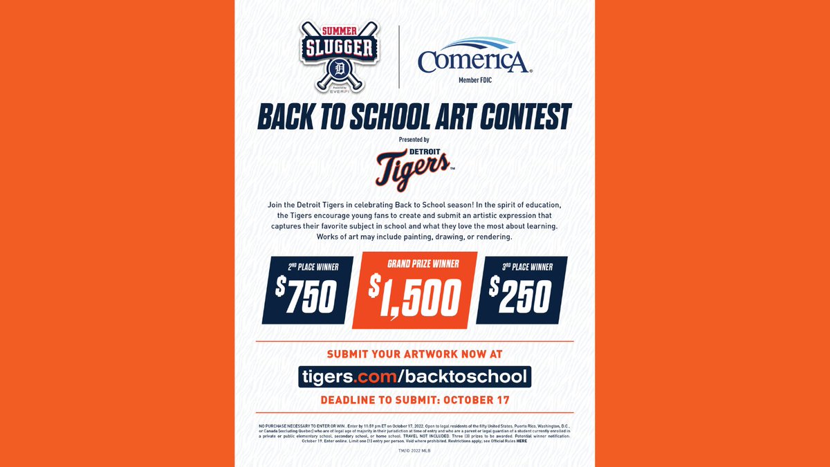 Calling all Detroit area educators 📢 The @tigers are sponsoring a #Back2School art contest from now until 10/17! Only rule? Create & submit an artistic expression that captures your students' favorite subject in school. Follow the link for more info!🎨⚾️ summerslugger.com/tigerschalleng…